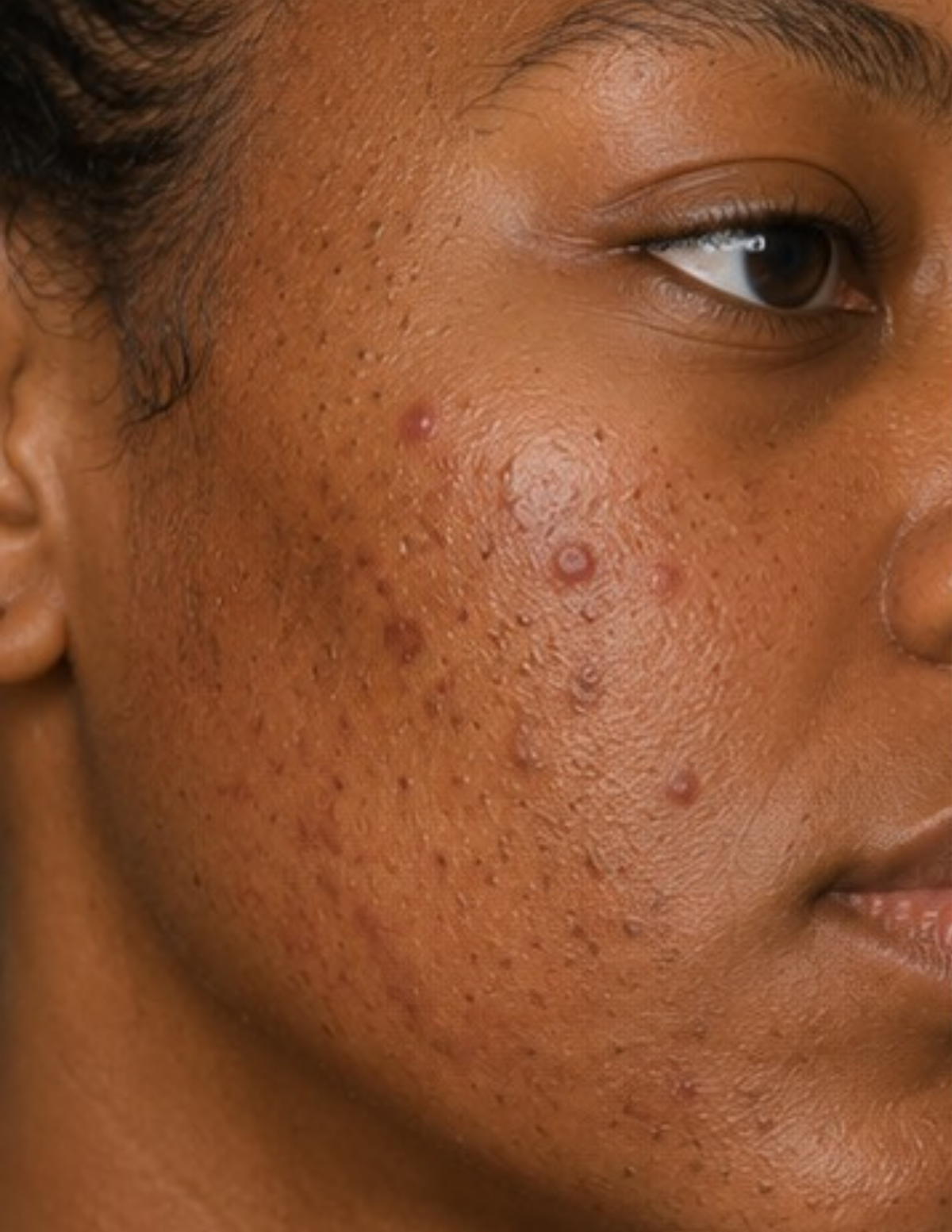 Close-up of a person's face showing a bumpy, acne-prone skin texture on the cheek with visible red and brown comedones.