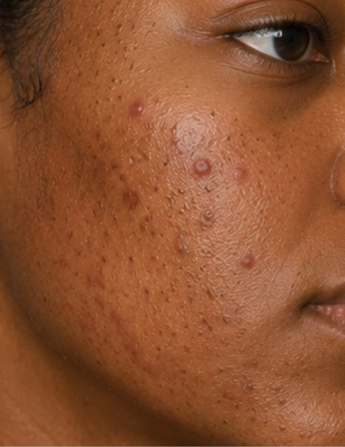 Close-up of a person's face showing a bumpy, acne-prone skin texture on the cheek with visible red and brown comedones.
